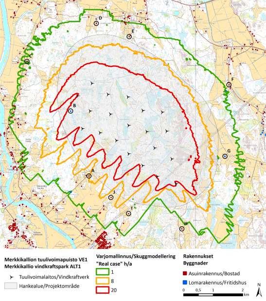Taulukko 9.13. Tuulivoimapuiston varjostusalueelle vaihtoehdoissa 1 sijoittuvat vakituiset ja loma-asunnot. Suluissa on esitetty OX2:n tuulivoimapuiston käyttöön vuokraama vapaa-ajan asunto.