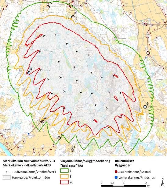 Kuva 9.10. Varjostusmallinnus vaihtoehdossa 3 todellisuutta vastaavassa tilanteessa. Mallinnetut rakennukset on kuvassa ympyröitynä. 9.2.5.