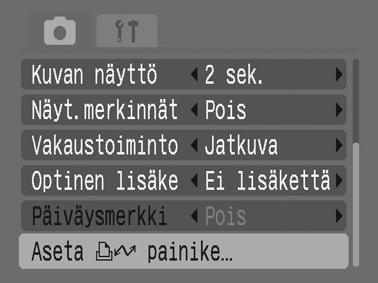 114 Kuvaustavat Tulosta/jaa-painikkeen asetusten tallentaminen Kuvaustapa Katso Eri kuvaustilojen toiminnot (s. 200). Voit rekisteröidä kuvattaessa usein käyttämäsi toiminnon - painikkeella.