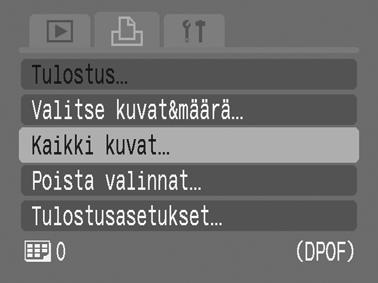 Tulostusasetukset/siirtoasetukset 141 Muistikortin kaikkien kuvien valitseminen 1 Valitse [Kaikki kuvat]. 1. Aseta tilanvalitsin asentoon. 2. Paina -painiketta. 3.