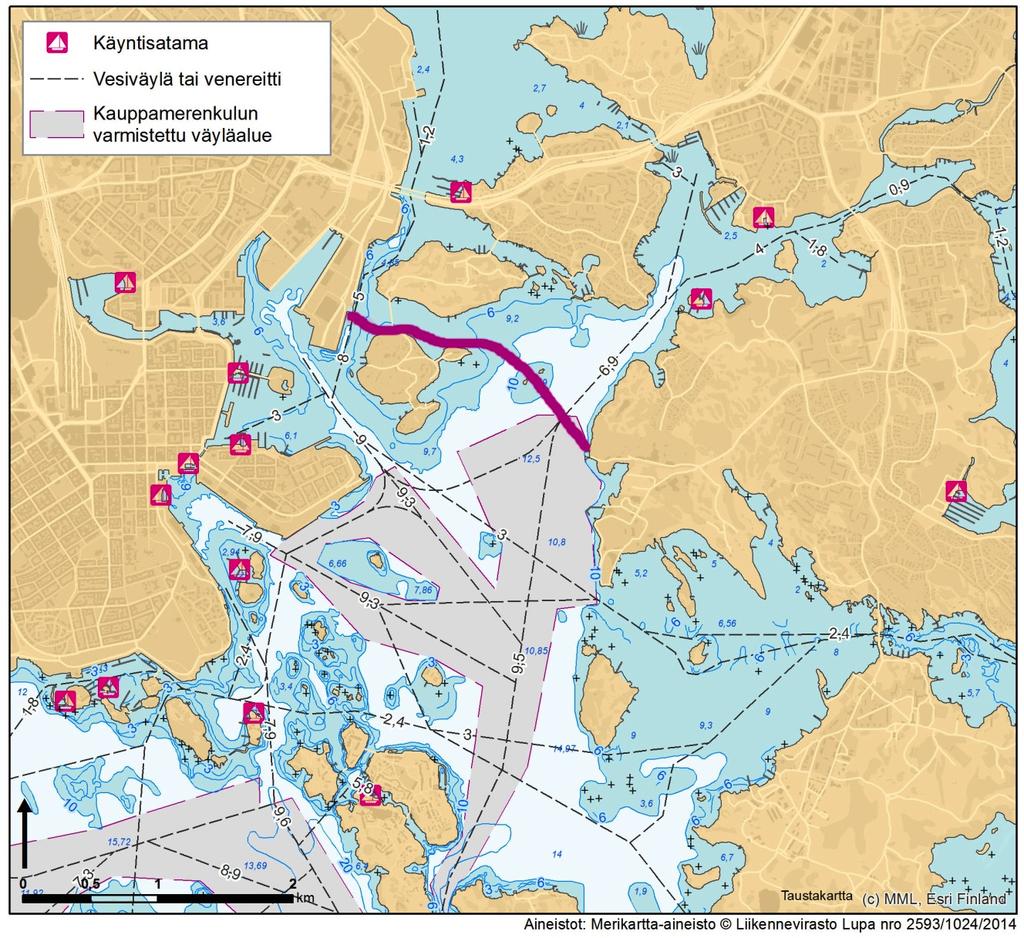 Vesilupahakemus 56 (108) Finkensillan tai Kruunuvuorensillan alitse ei kulje linja- ja risteilyliikennettä tai kauppalaivoja.