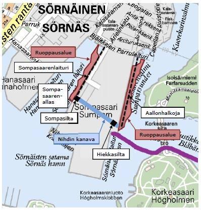 97 (108) Kuva 65. Sompasaaren alueen tulevien rakenteiden ja ruoppausalueiden likimääräiset sijainnit (FCG Suunnittelu ja tekniikka Oy, 2013).