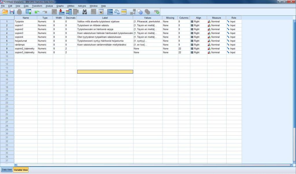 42 Kuva 15. SPSS-ohjelman variable view. 9.