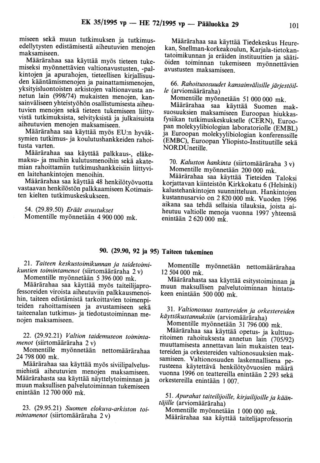 EK 35/1995 vp - HE 72/1995 vp - Pääluokka 29 101 miseen sekä muun tutkimuksen ja tutkimusedellytysten edistämisestä aiheutuvien menojen maksamiseen.