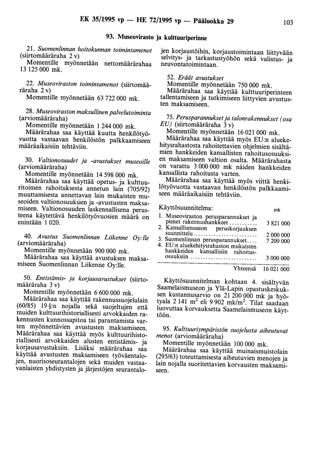 EK 35/1995 vp - HE 72/1995 vp - Pääluokka 29 103 93. Museovirasto ja kulttuuriperinne 21.