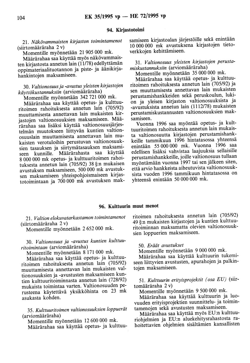104 EK 35/1995 vp - HE 72/1995 vp 94. Kirjastotoimi 21.