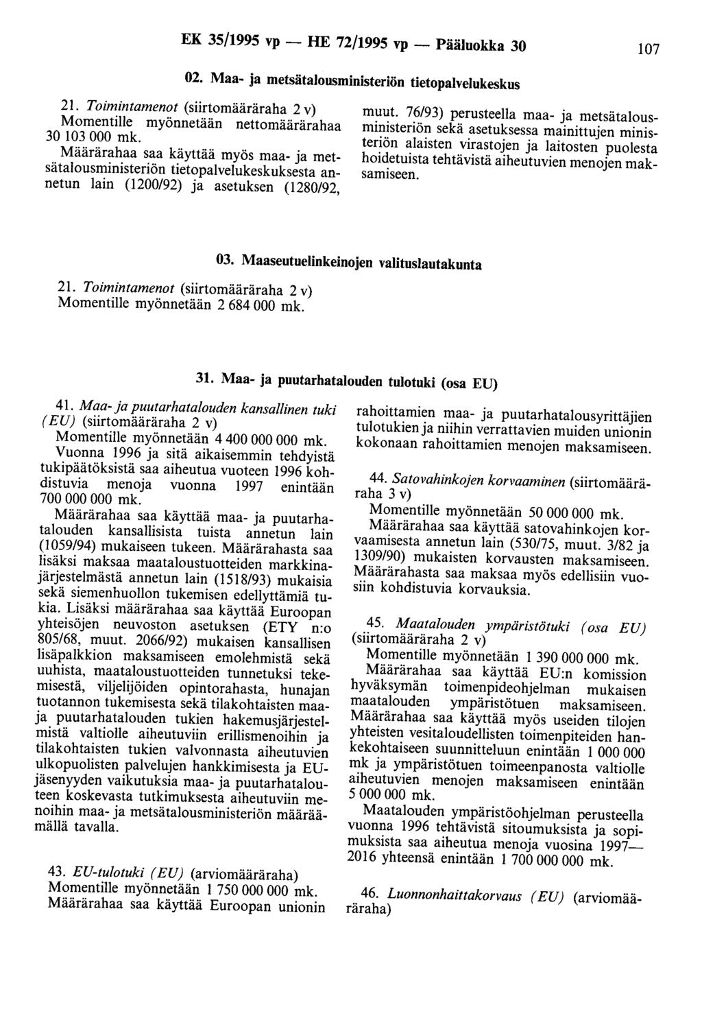EK 35/1995 vp - HE 72/1995 vp - Pääluokka 30 107 02. Maa- ja metsätalousministeriön tietopalvelukeskus 21.