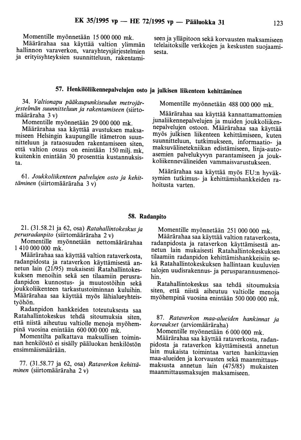 EK 35/1995 vp - HE 72/1995 vp - Pääluokka 31 123 Momentille myönnetään 15 000 000 Määrärahaa saa käyttää valtion ylimmän hallinnon varaverkon, varayhteysjärjestelmien ja erityisyhteyksien