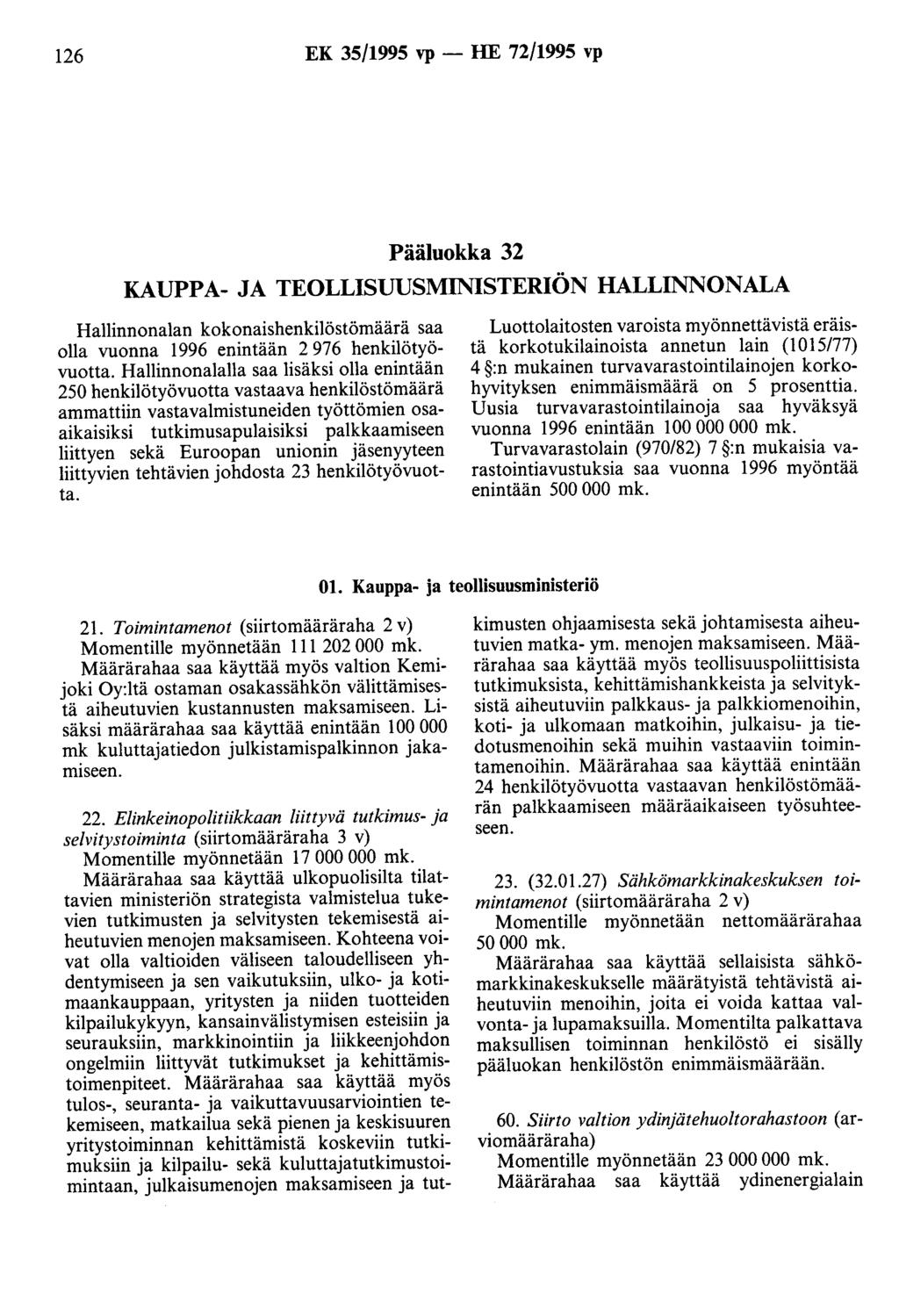126 EK 35/1995 vp - HE 72/1995 vp Pääluokka 32 KAUPPA- JA TEOLLISUUSMINISTERIÖN HALLINNONALA Hallinnonalan kokonaishenkilöstömäärä saa olla vuonna 1996 enintään 2 976 henki1ötyövuotta.