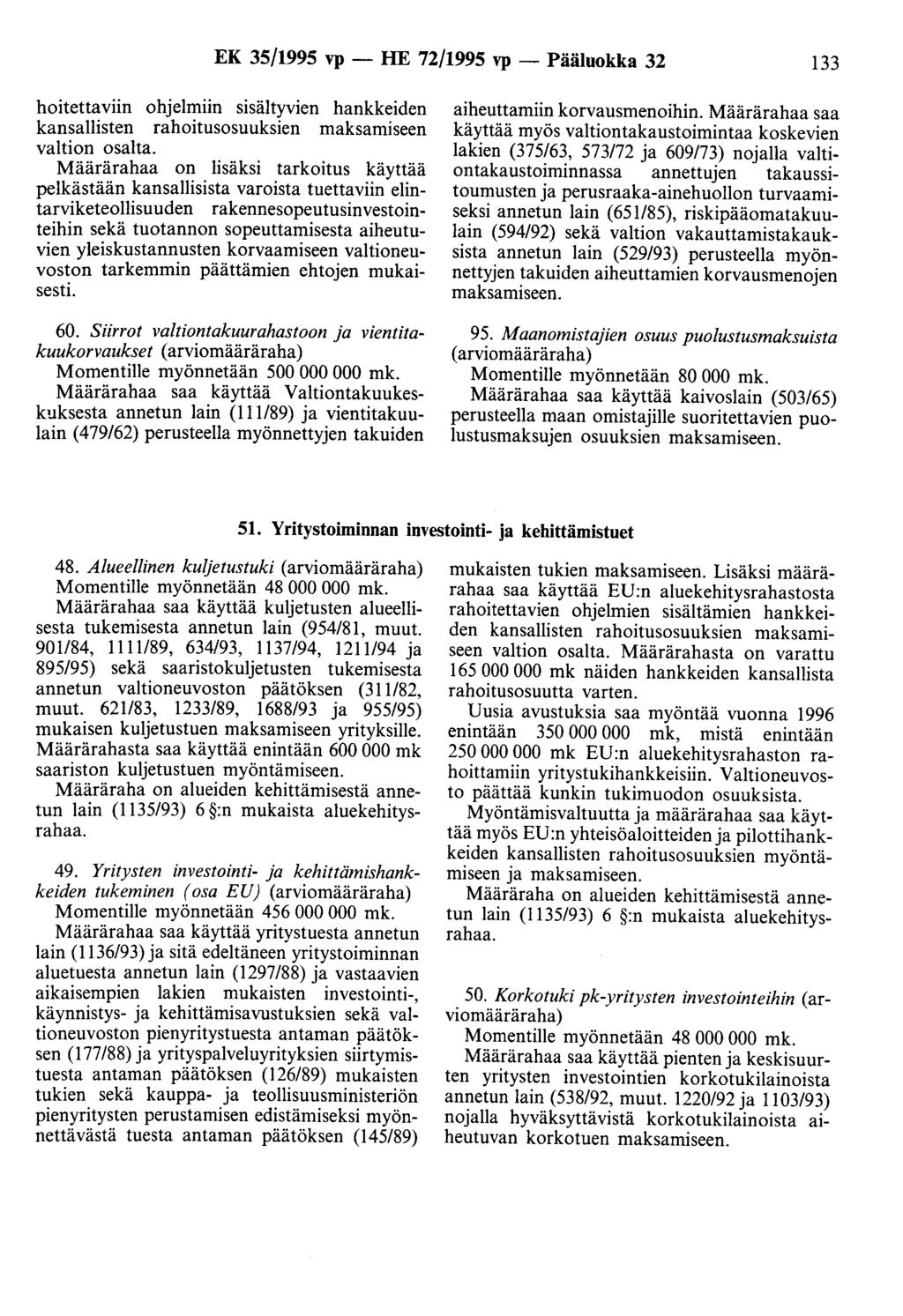 EK 35/1995 vp - HE 72/1995 vp - Pääluokka 32 133 hoitettaviin ohjelmiin sisältyvien hankkeiden kansallisten rahoitusosuuksien maksamiseen valtion osalta.
