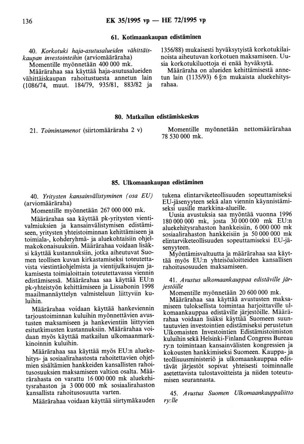 136 EK 35/1995 vp - HE 72/1995 vp 61. Kotimaankaupan edistäminen 40.