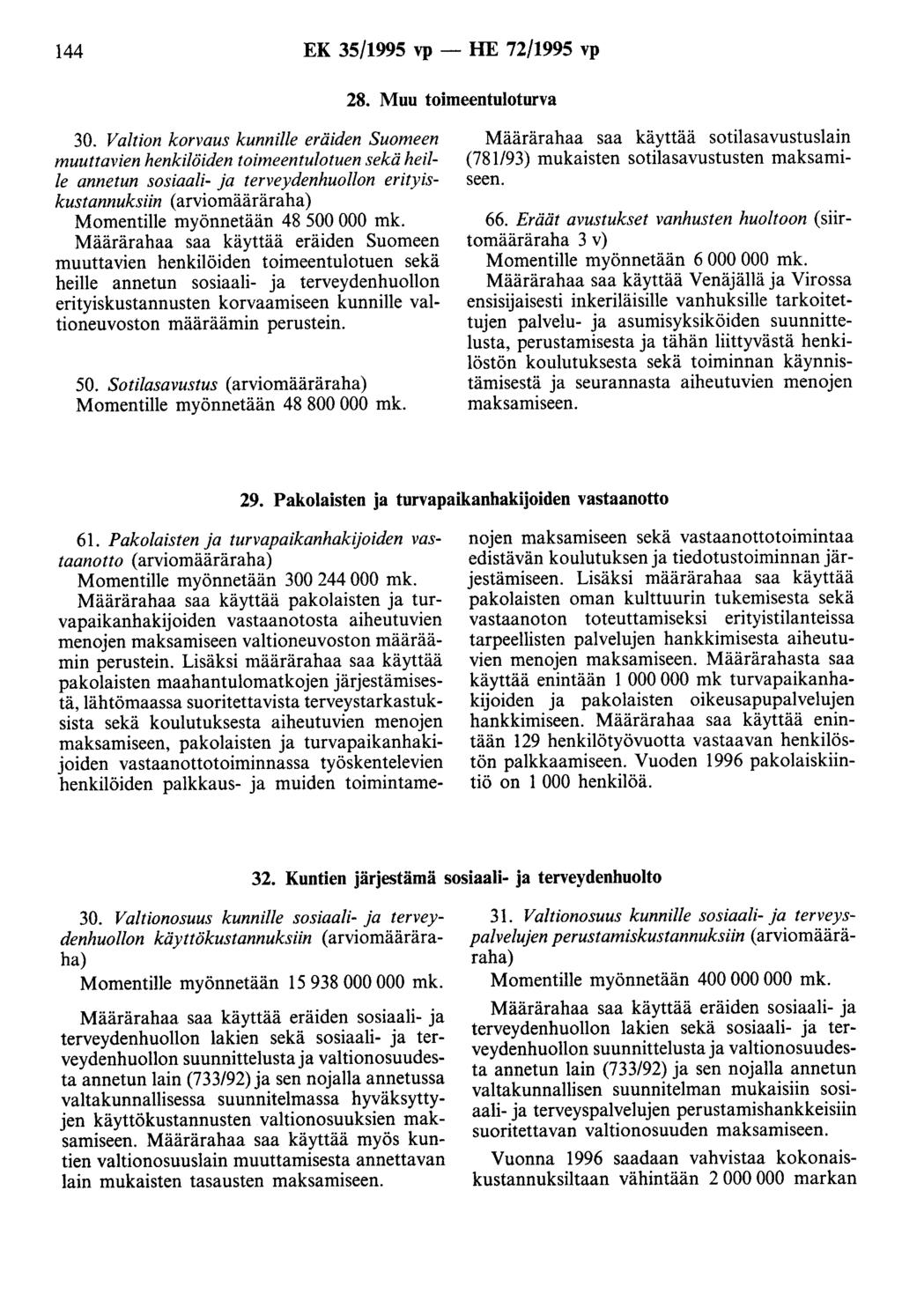 144 EK 35/1995 vp - HE 72/1995 vp 28. Muu toimeentuloturva 30.