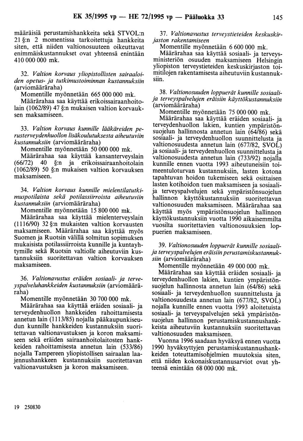 EK 35/1995 vp - HE 72/1995 vp - Pääluokka 33 145 määräisiä perustaruishankkeita sekä STVOL:n 21 :n 2 momentissa tarkoitettuja hankkeita siten, että niiden valtionosuuteen oikeuttavat
