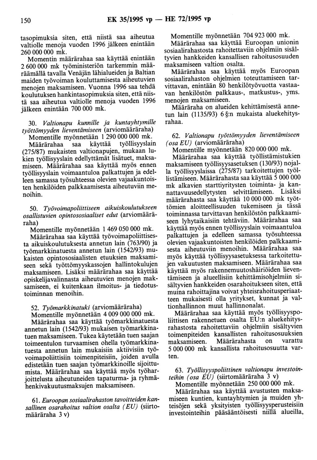150 EK 35/1995 vp - HE 72/1995 vp tasopimuksia siten, että niistä saa aiheutua valtiolle menoja vuoden 1996 jälkeen enintään 260 000 000 Momentin määrärahaa saa käyttää enintään 2 600 000 mk