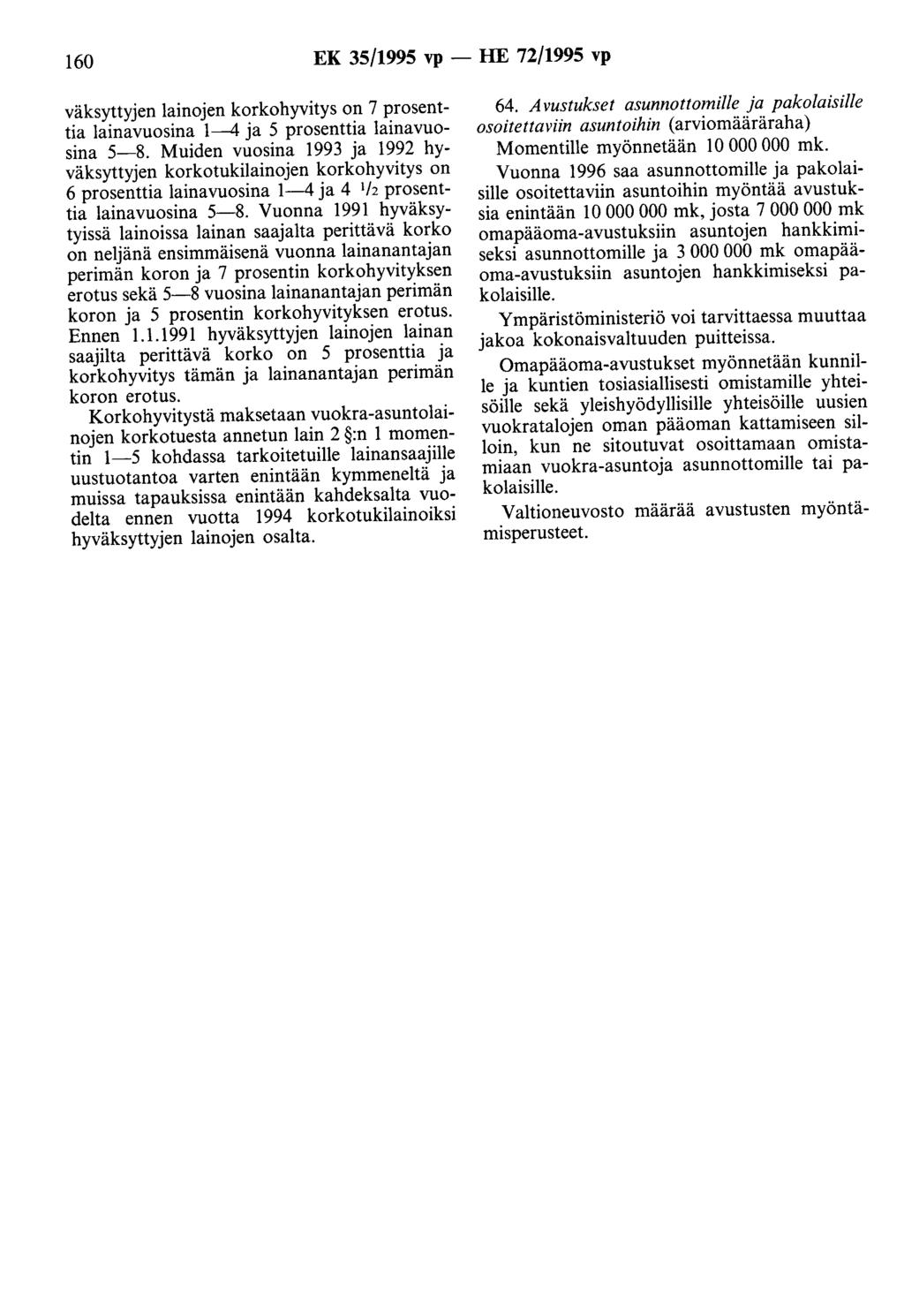 160 EK 35/1995 vp - HE 72/1995 vp väksyttyjen lainojen korkohyvitys on 7 prosenttia lainavuosina 1---4 ja 5 prosenttia lainavuosina 5-8.