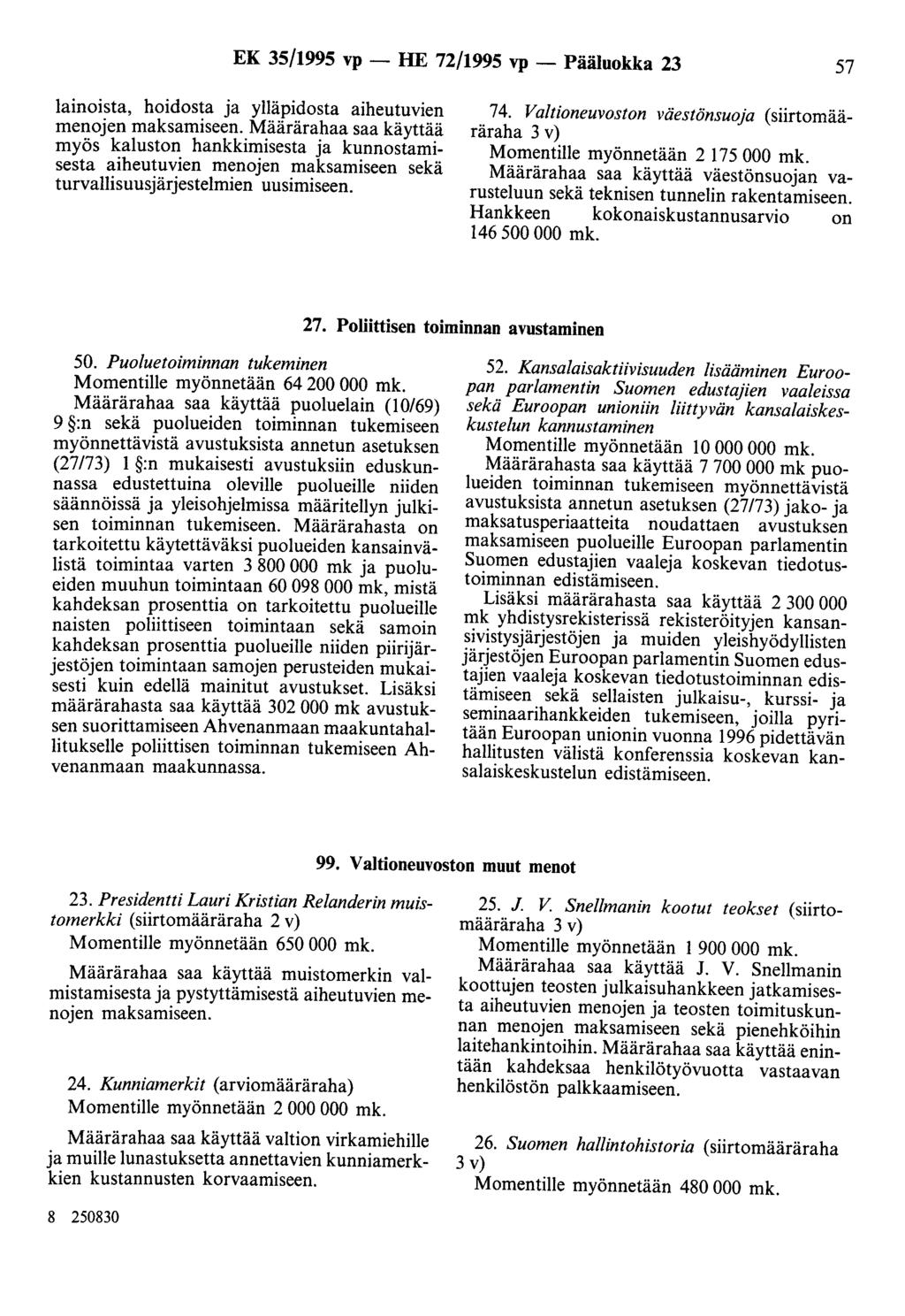EK 35/1995 vp - HE 72/1995 vp - Pääluokka 23 57 lainoista, hoidosta ja ylläpidosta aiheutuvien menojen maksamiseen.