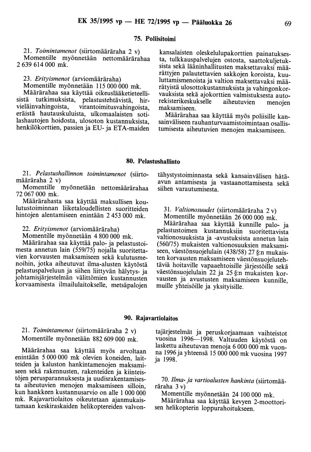 EK 35/1995 vp - HE 72/1995 vp - Pääluokka 26 69 75. Poliisitoimi 21. Toimintamenot (siirtomääräraha 2 v) Momentille myönnetään nettomäärärahaa 2 639 614 000 23.