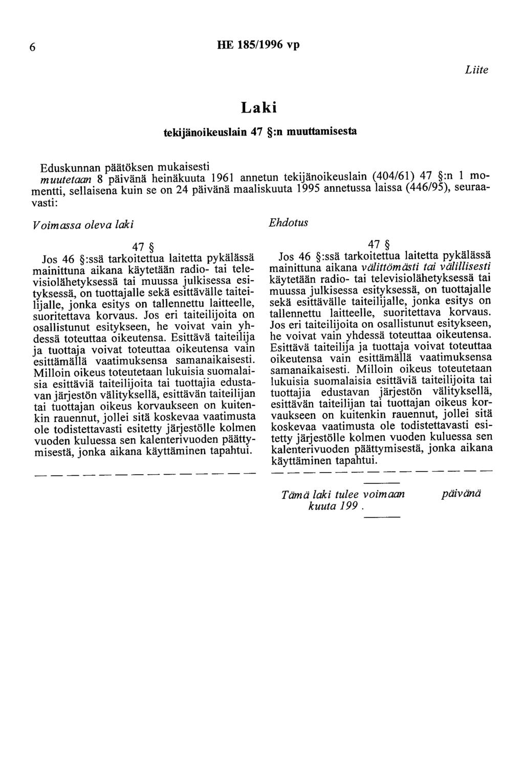 6 HE 185/1996 vp Liite Laki tekijänoikeuslain 47 :n muuttamisesta Eduskunnan päätöksen mukaisesti muutetaan 8 päivänä heinäkuuta 1961 annetun tekijänoikeuslain (404/61) 47 :n 1 momentti, sellaisena