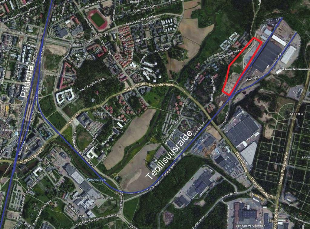 32 Kuva 18. Puretun metron huoltoraiteen vaihteen jatkoksi hahmoteltu radan kunnossapitokaluston raide. 3.1.5 Vantaa / Hakkila Hakkilan teollisuusraide erkanee Tikkurilan aseman itäpuolelta (kuva 19).