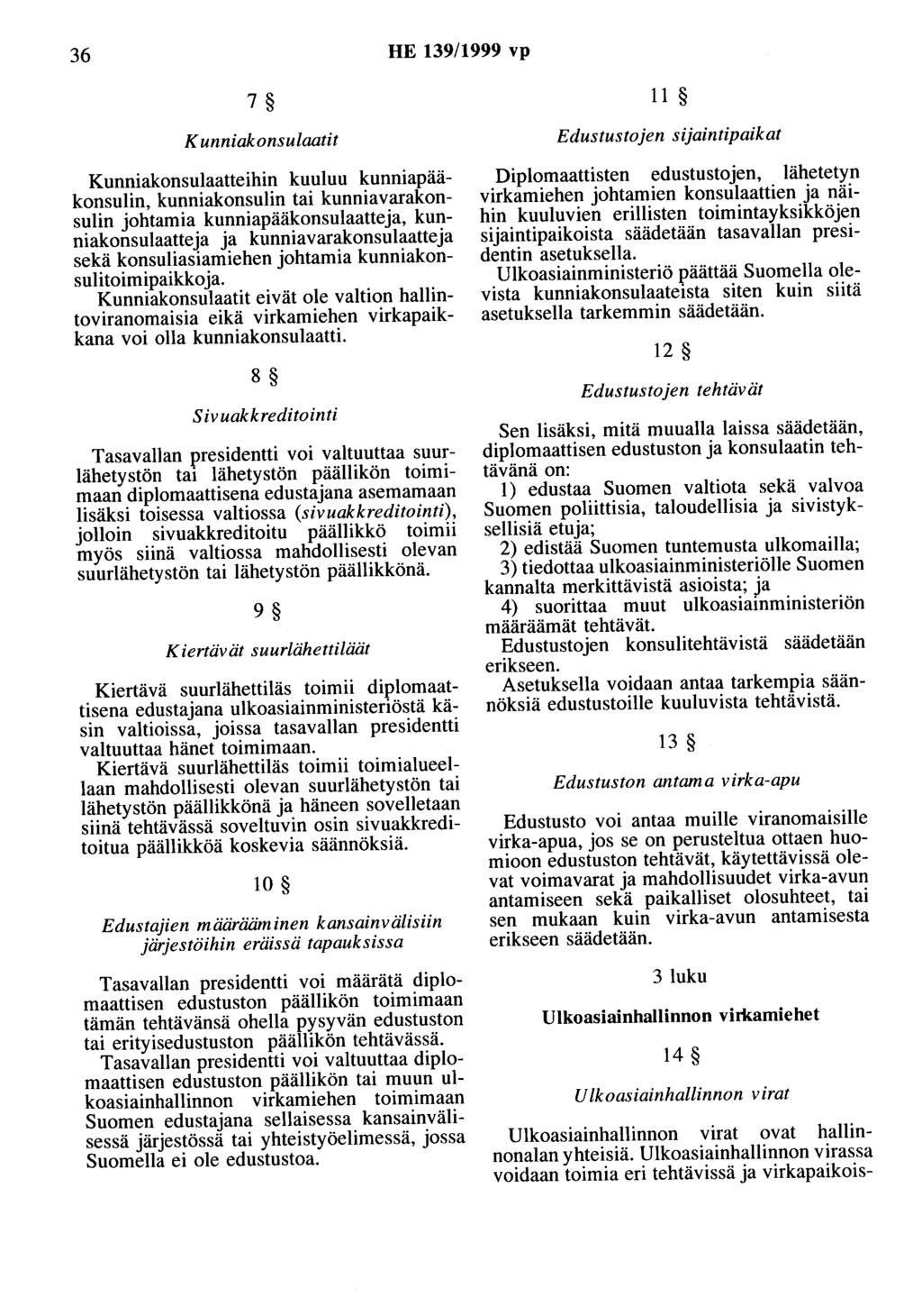 36 HE 139/1999 vp 7 K unniakonsulaatit Kunniakonsulaatteihin kuuluu kunniapääkonsulin, kunniakonsulin tai kunniavarakonsulin johtamia kunniapääkonsulaatteja, kunniakonsulaatteja ja