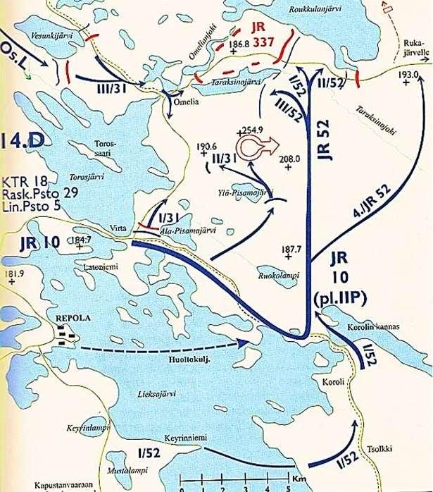 OMELIAN MOTTI Jo seuraavana päivänä Rukajärven valtauksesta Päämaja käski jatkamaan hyökkäystä Rukajärven suuntaan tavoitteena Ontrosenvaaran tasa. I/JR52 laivattiin 11./12.7.