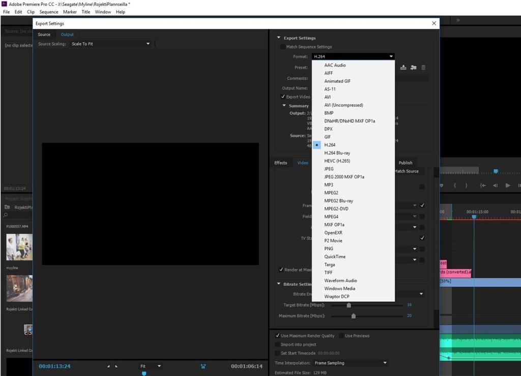13 Kuva 7. Eri formaatteja ja kodeekkeja Adobe Premieren exportasetuksissa. 3 KEHITTÄMISTYÖN TAVOITE JA TARKOITUS Tavoitteena oli valmistaa My Line Kuntokeskukselle videotuotanto.