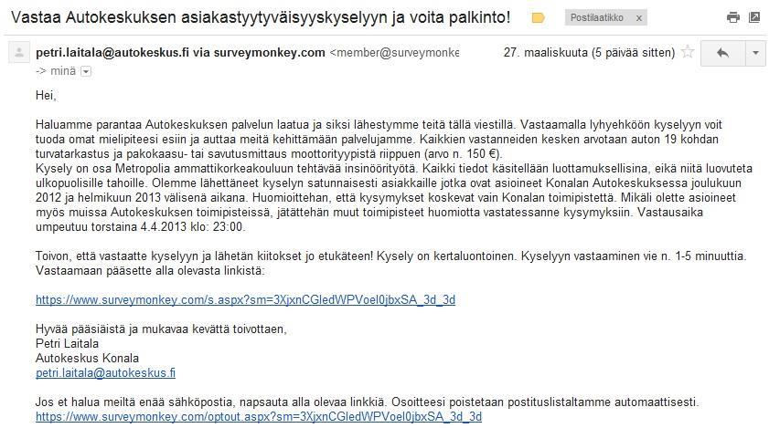 8 internetselaimeen. Lisäksi asiakkaille toivotettiin hyvää pääsiäistä ja mukavaa kevättä kyselyn ajankohtaan liittyen.