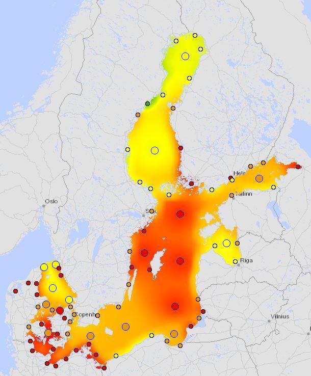Itämeren tila Ecosystem health status high good moderate poor bad Paineet: Ihmistoiminnasta aiheutuva ravinnekuormitus Suomesta on vuosittain 2 550 tonnia fosforia 49 900 tonnia typpeä Suurin