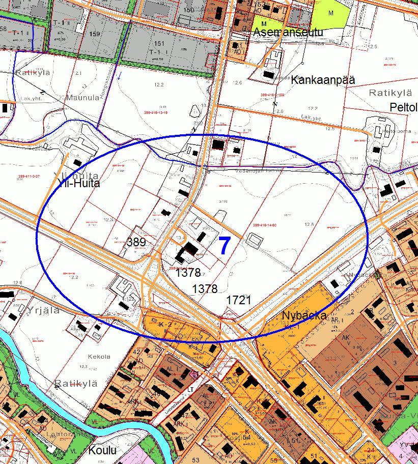 Kohde 7. Kauppakeskuskaavan III-vaihe. Maanomistajina Laihian kunta ja yksityisiä maanomistajia.