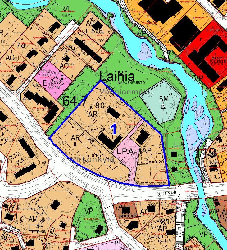 Kohde 1. Kortteli 80. Omistajana Laihian seurakunta. Pinta-ala 2,4 ha. AR- ja AK-alueiksi. Kunnanvaltuusto on hyväksynyt kaavan 28.9.2015 79.