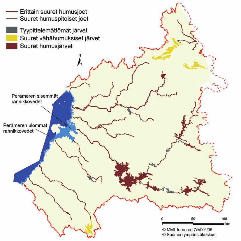 Kuva 5. Vesistöjen luontaiset tyypit Oulujoen-Iijoen vesienhoitoalueella vuoden 2005 perusselvitysvaiheen raportoinnissa.