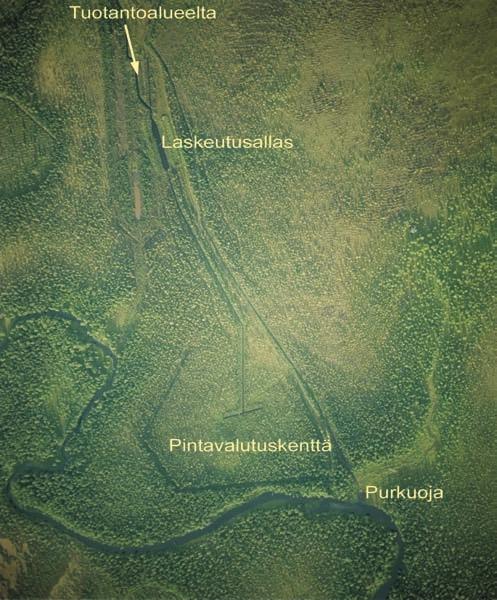 Kuva 12. Turvetuotannossa pintavalutuskentät kuuluvat yleisimmin käytettyihin tehostettuihin vesienkäsittelymenetelmiin. Kuva Suomen Ilmakuva Oy tuksilla voi olla merkittävä vaikutus veden laatuun.