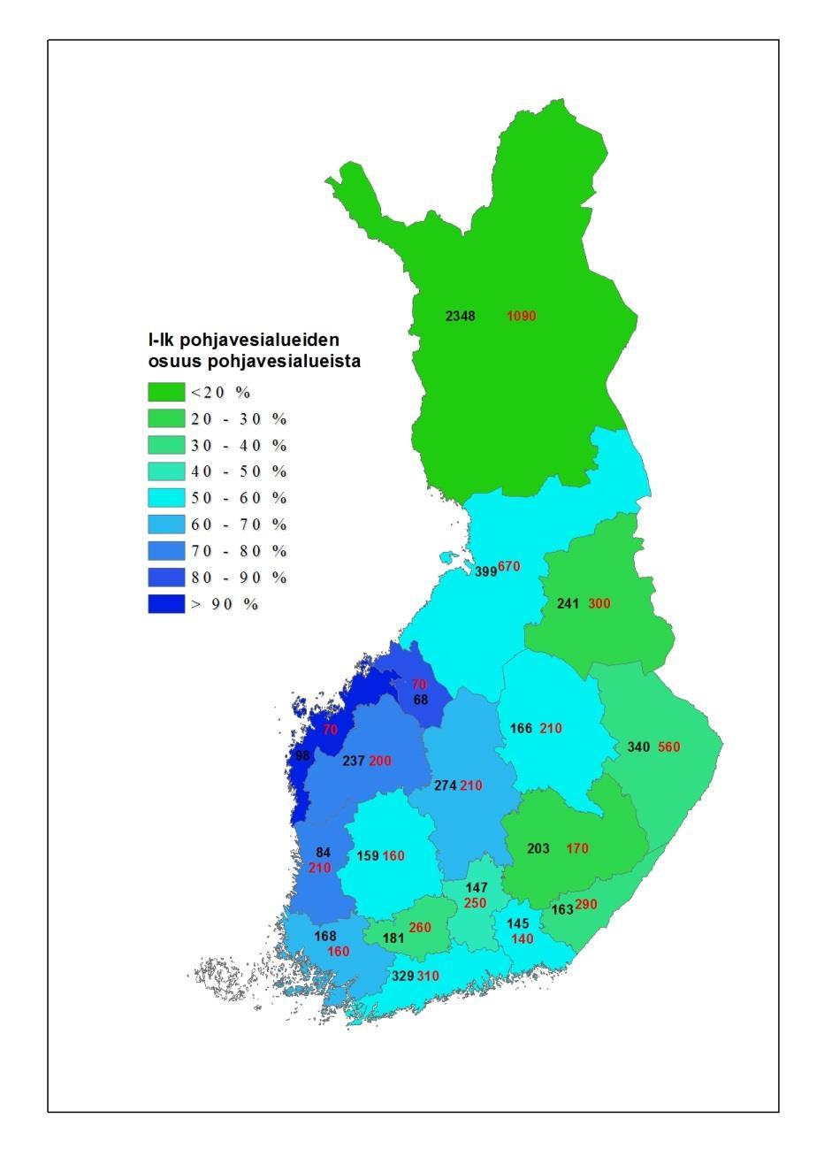 Pohjavesialueiden kokonaismäärät ja niillä muodostuva pohjavesimäärä Pohjavesialueiden kokonaismäärät (mustat luvut) ja niillä muodostuva