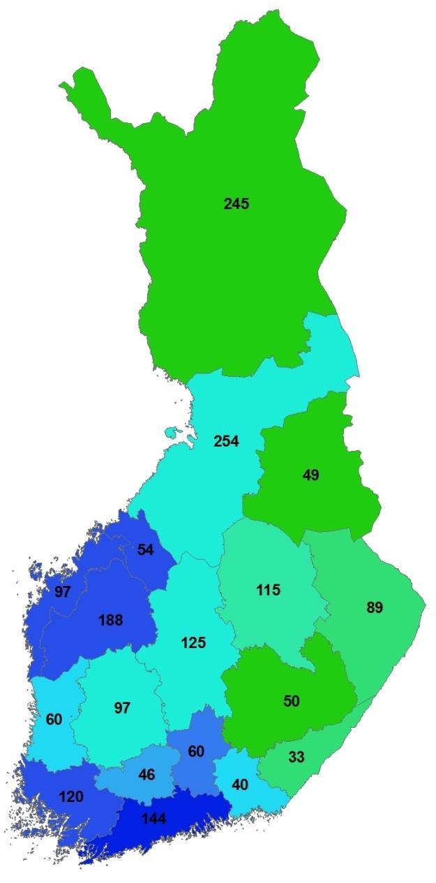 Yhdyskuntien vedenhankintakäytössä olevien pohjavedenottamoiden määrä maakunnittain Värirasteri kuvaa