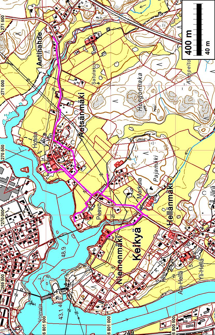 4 Kartat Vesihuoltolinja sinipunaisella, v.1766 kylä- ja talotontit punaisella. Keskellä pohjoisimpana Äetsän kylä (nyk. Äetsänmäki), siitä lounaaseen niemekkeessä Peevola (nyk. Peevolan talo).