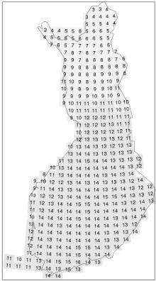 12 Kuva 5. Keskimääräinen ukkospäiväluku 1998-2012. (Ilmatieteen laitoksen wwwsivut 2017) Salamatiheys lasketaan salamoiden lukumäärää pinta-alayksikköä kohden, jollakin ajan jaksolla.