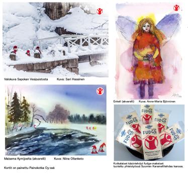 Joulukorttiaiheiksi Sari Hassinen lahjoitti Sapokka-valokuvan sekä Niina Ollanketo Kymijoki- sekä Anna-Maria Björninen enkeli-aiheiset akvarellit painatusta varten.