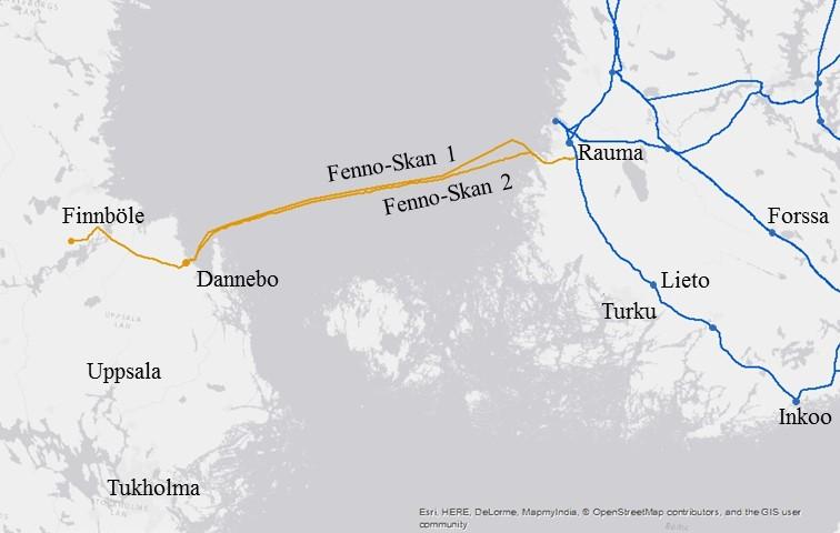 jolloin maan ja meren kautta kulkeva paluuvirta on yleensä hyvin pieni. Fenno- Skan-yhteyksien yhteenlaskettu siirtokapasiteetti Suomen ja Ruotsin välillä on tällä hetkellä 1200 MW.