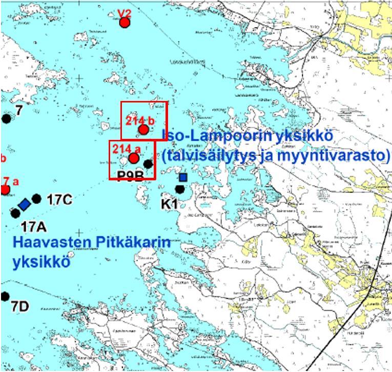 Kuva 39. Talvisäilytysasemalle lähimpänä sijaitsevat pohjaeläinhavaintoasemat (Luvian edustan kalalaitostenpohjaeläintarkkailu), ympyröity neliöllä.