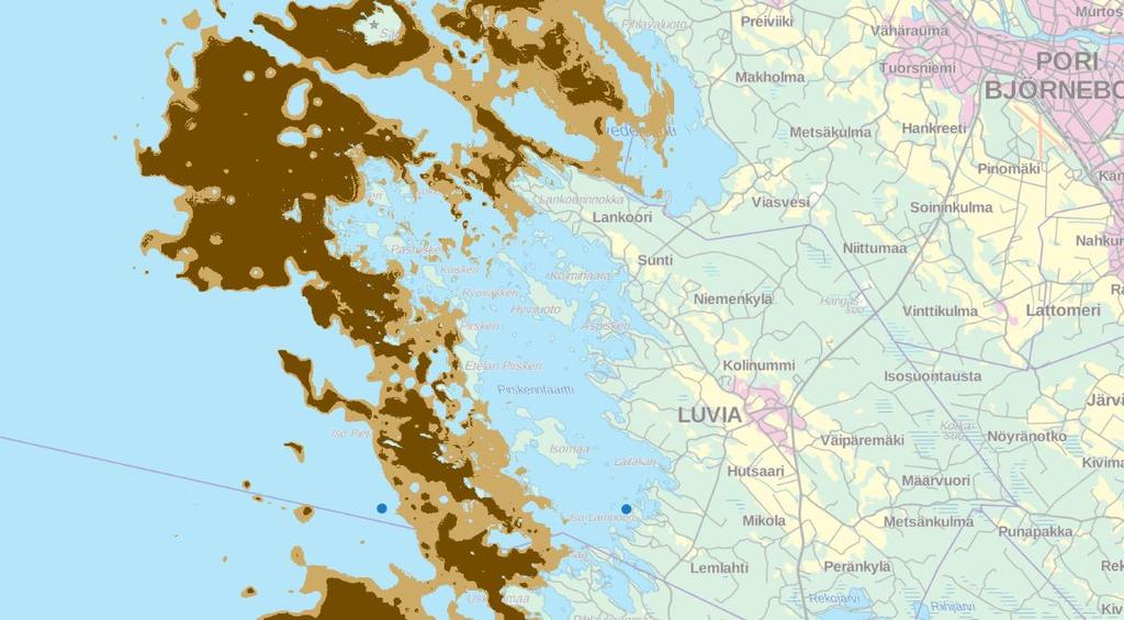 Sininen piste kalankasvatusaseman ja talvisäilytysalueen sijainti (http://paikkatieto.ymparisto.fi/velmu/ 18.8. 2016). Kuva 44.