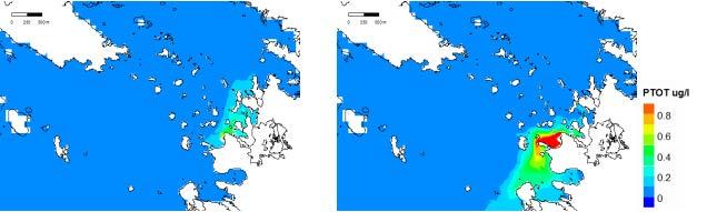 Kuva 62. Talvisäilytystoiminnan vaikutus pinnanläheisen veden (0-1m) ravinnepitoisuuksiin joulukuussa 2011 (vasen kuva) ja joulukuussa 2012 (oikea kuva).