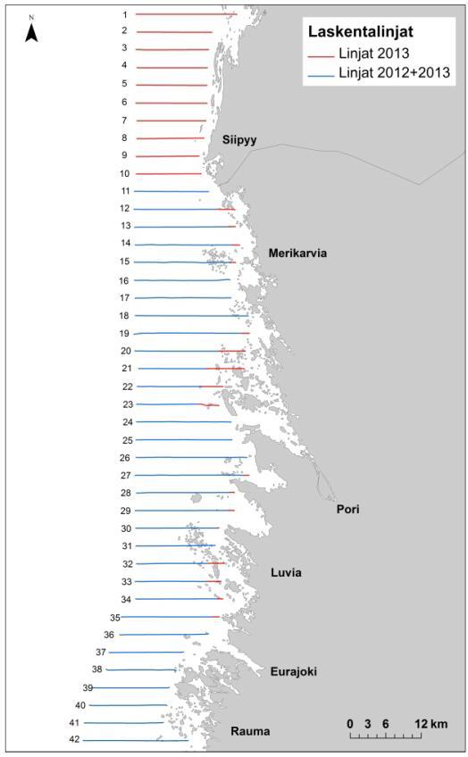 Kuva 73. Lentokonelaskentojen laskentalinjat (Ijäs ym., 2013). Talvisäilytysalue ei kuulunut tutkimusalueeseen. Kasvatusalue sijoittui laskentalinjalle 34.