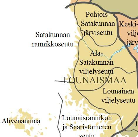 Kuva 83. Ote maisemamaakuntajaosta. Satakunnan rannikkoseudun yleiskuva on alava, pienipiirteinen ja osin karu.