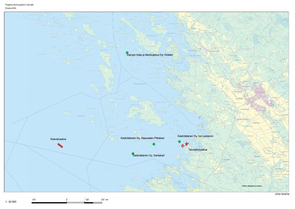 Neljän nykyisen kalankasvattamon tiedot ovat Vahti-palvelusta ja ovat vuosien 2011-2015 keskiarvot (Kallioniemi, 2016). Taulukko 2. Lähialueen kalankasvattamoiden kuormitustiedot.