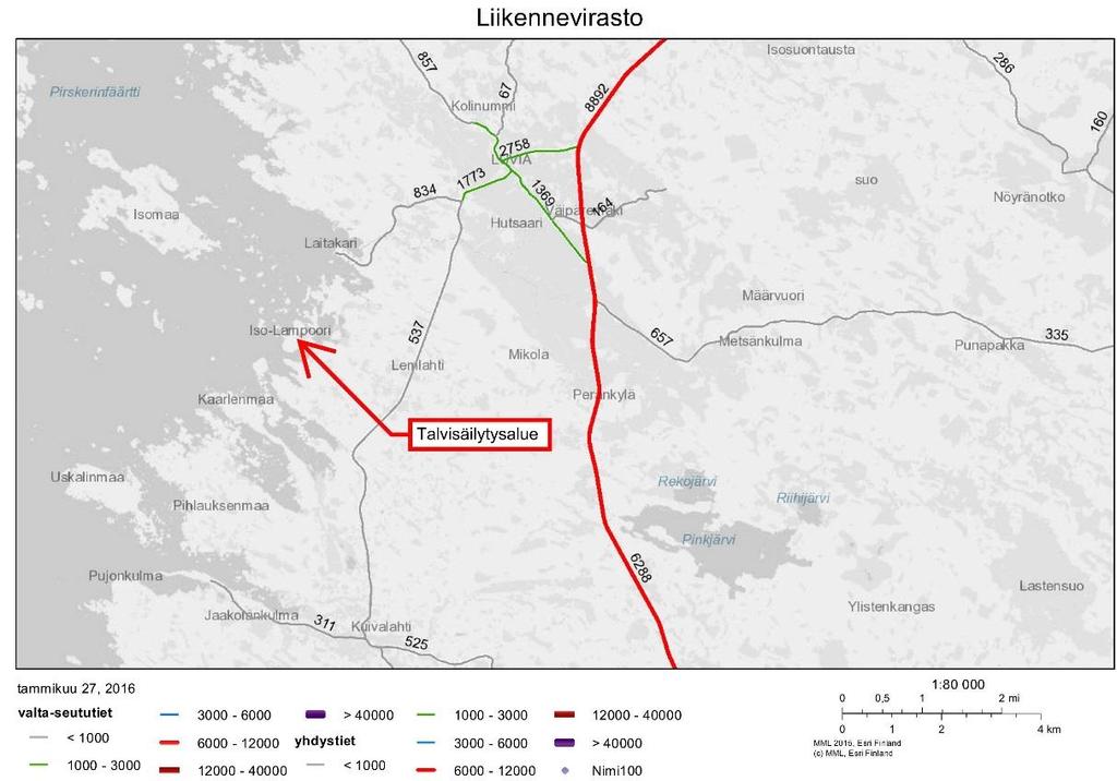 Kuva 21. Liikennemääräkartta (Liikennevirasto, 2014, lisäykset Sweco Ympäristö Oy).