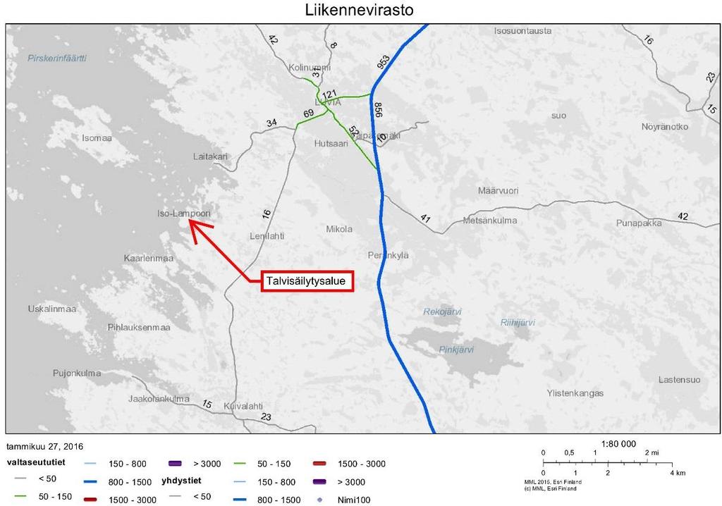 Kuva 22. Raskaan liikenteen liikennemääräkartta (Liikennevirasto, 2014, lisäykset Sweco Ympäristö Oy). 5.2.2 Arviointimenetelmä ja epävarmuustekijät Liikennevaikutusten arvioinnin pohjaksi selvitettiin tiestön nykyiset ja eri hankevaihtoehtojen liikennöintimäärät.