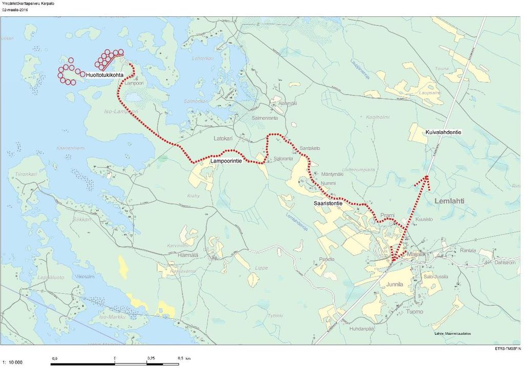 Maantieliikenne suuntautuu Iso-Lampoorin huoltotukikohdasta Lampoorintietä Saaristontielle, josta matka jatkuu Kuivalahdentielle.