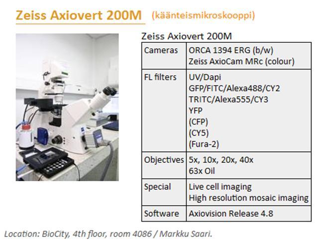 23 4.4 Kuvantaminen Työssä käytettiin Turun yliopiston kuvantamiskeskuksen (Turku BioImaging) Zeiss Axiovert 200M- mikroskooppia (Kuva 12, Liite 3 Zeiss Axiovert 200M käyttöohjeet).