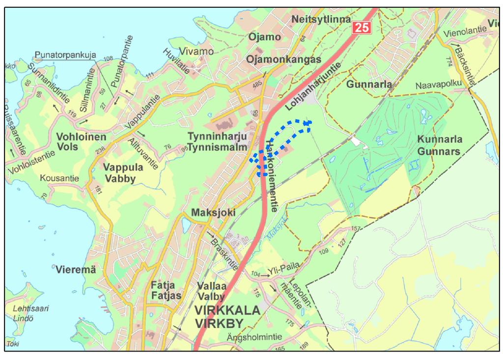 KAAVOITETTAVA ALUE KAAVOITETTAVA ALUE Suunnittelualue sijaitsee Tynninharjun ja Vt 25:n liittymän eteläpuolella, Maksjoen ja Gunnarlan kaupunginosissa.