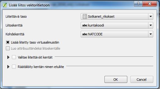 Liitoskenttä ja Kohdekenttä valikkoihin täytyy laittaa toisiaan Kuva 32. Taulukon liittäminen vektoritiedostoon. Kuva 33. Taulukkotiedon yhdistäminen vektoritasoon. vastaavat attribuuttitiedot.